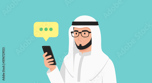 Arab man holding smartphone with chat bubble icon on blue background