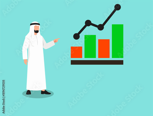 Arab businessman pointing at financial growth bar chart with rising arrow