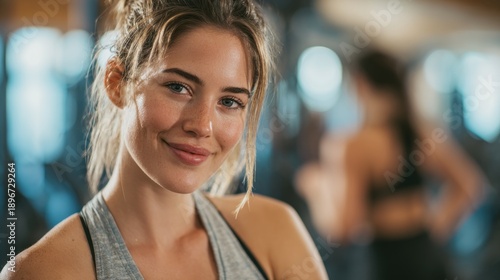 A woman in a gym, smiling, with a gym in the background. Free Download A woman in a gym, smiling, with a gym in the background. - GFXLoad