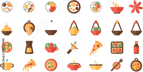 Large set of flat design culinary icons featuring gourmet plated meals pizza slices soup bowls and cooking preparation symbols isolated on grey background