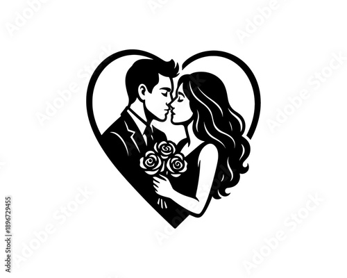 Elegant black and white heart illustration with couple sharing romantic moment