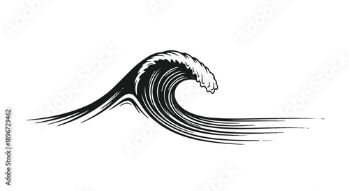 Dynamic ocean wave cresting with a powerful surge, rendered in a striking black and white illustration.