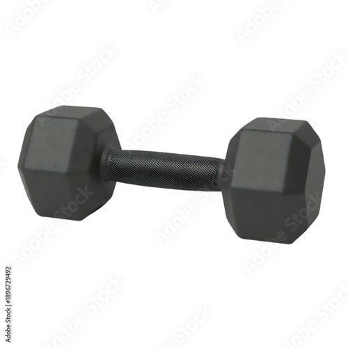 A single black hexagonal dumbbell isolated on a white background, ready for a workout.