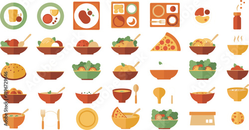 Large collection of flat design food icons featuring various dinner plates soup bowls salads and pizza slices isolated on grey background for menu apps
