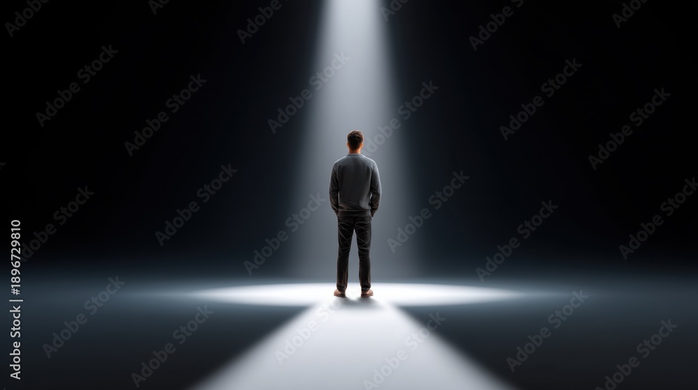 Fototapeta premium Alone in the Darkness: A Solitary Figure Standing Under a Bright Light in an Empty Space Symbolizing Isolation and Contemplation