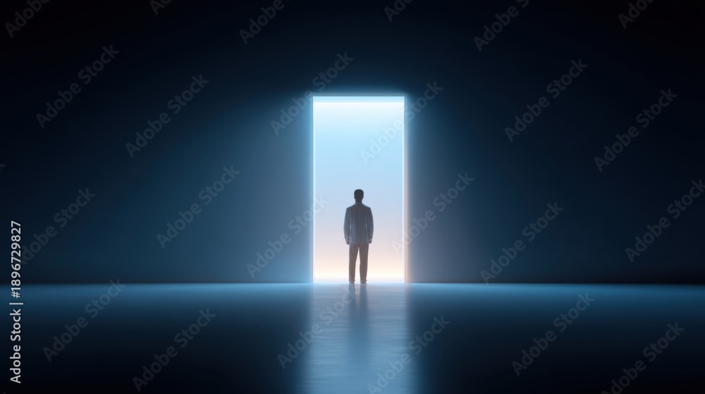 Obraz premium Mysterious silhouette of a person standing in front of an illuminated doorway in a dark room, symbolizing hope, choices, and new beginnings in life