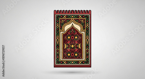 Traditional islamic prayer rug with intricate red gold and green patterns on a grey background