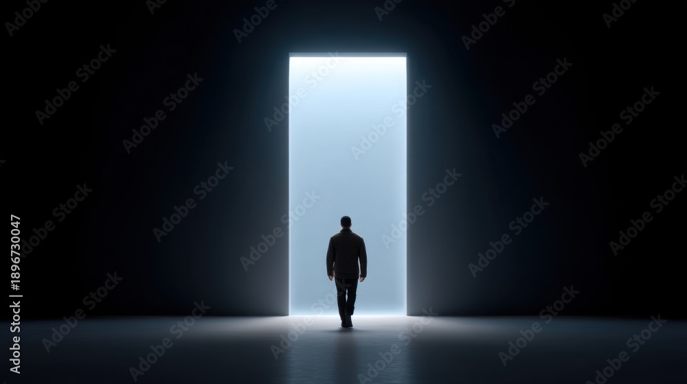 Obraz premium Man Silhouetted in Front of Bright Doorway Illuminating Darkness with Hope and Opportunity for New Beginnings and Possibilities Ahead