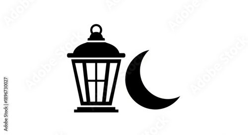 Black Lantern and Crescent Moon Silhouette Isolated on White Background