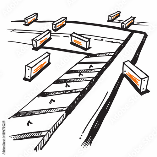 Construction zone temporary traffic lines in bright orange, clearly marking hazardous areas.
