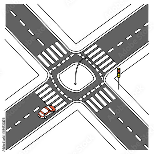 Multi-directional road intersection with lane markings, traffic lines, and crossing paths.