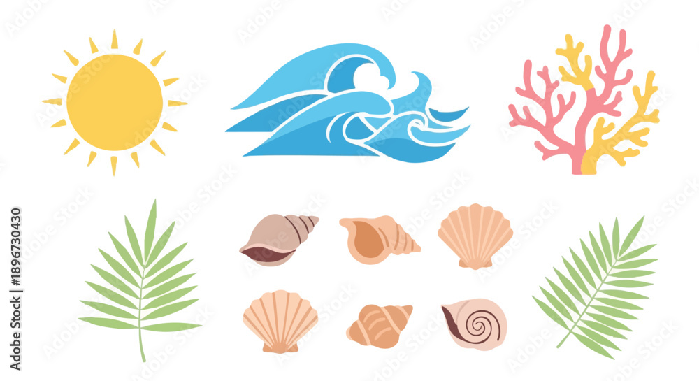 Obraz premium Stylized Summer Beach Icon Collection: Sun, Waves, Seashells, Coral, and Tropical Palm Leaves Vector Set.