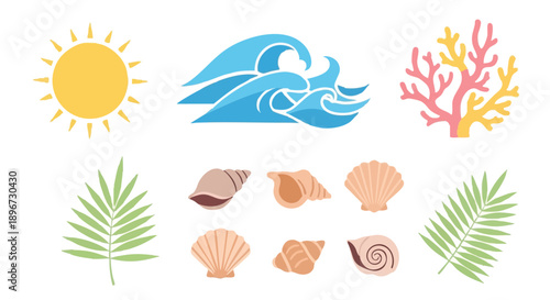 Stylized Summer Beach Icon Collection: Sun, Waves, Seashells, Coral, and Tropical Palm Leaves Vector Set.