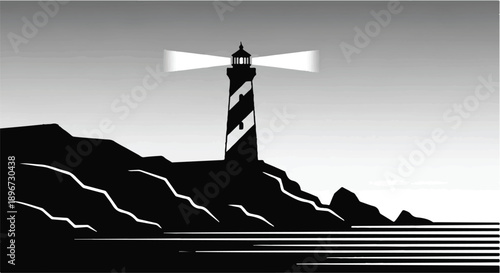 Iconic lighthouse shines light across the dark sea from a rocky coastline.