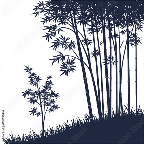 Elegant black and white bamboo forest illustration with serene natural vibes