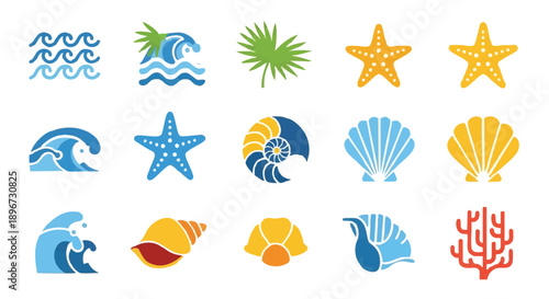 Ocean and Beach Icons Set: Colorful Marine Life, Starfish, Seashells, Waves, Coral, and Tropical Leaf Vector Graphics.
