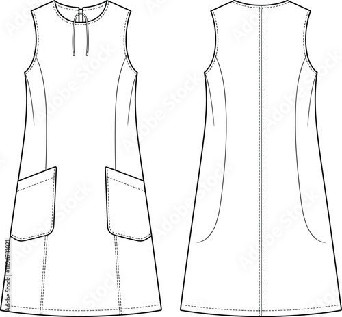 Women's sleeveless shift dress technical flat sketch, round neck, front keyhole, patch pockets, stitching details, front and back view, isolated vector illustration fashion design template.