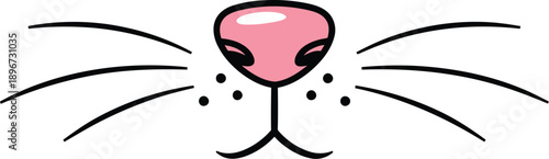 Minimalist cartoon depiction of a cute animal muzzle featuring a bright pink nose long whiskers and small spots against a stark white background