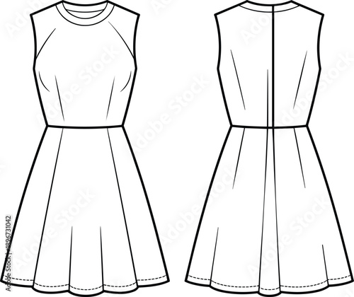 Women's sleeveless skater dress technical flat sketch, featuring crew neck, fitted bodice with seams, flared skirt, front and back view, isolated vector illustration template.