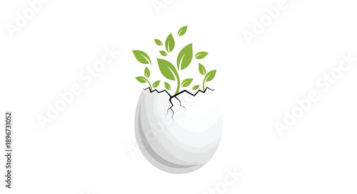 Simple graphic representation of new life emerging successfully from a cracked white eggshell symbolizing growth and environmental concepts