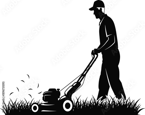 Man mowing lawn silhouette vector illustration featuring gardener using lawn mower, outdoor yard maintenance work concept design isolated on white background