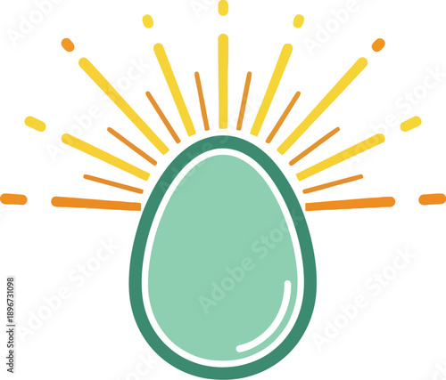 Minimalist stylized illustration of a bright hatching egg symbol with radiating sunburst lines representing dawn or vibrant energy