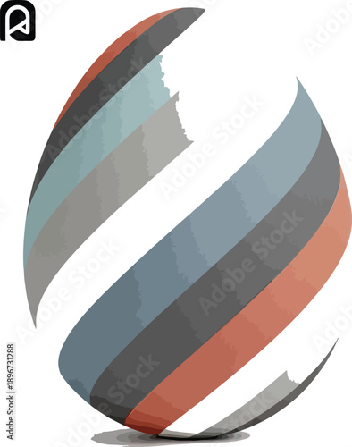 Stylized abstract easter egg rendered in three dimensional form featuring diagonal stripes of muted blue grey white and terracotta colors isolated on white background