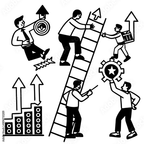 Wallpaper Mural Achieving professional goals: people climbing a ladder shaped like an arrow, symbolizing ambition, upward mobility, and reaching new career heights. Torontodigital.ca