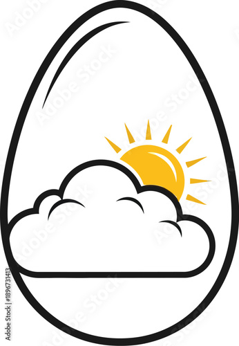 Minimalist graphic icon depicting a sunny day partially obscured by a fluffy white cloud contained perfectly within the stylized outline of a smooth egg shape