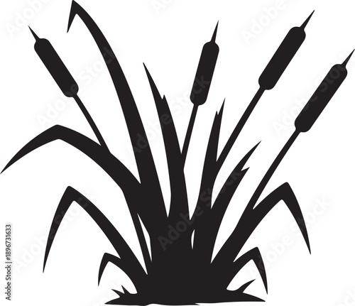 Black Silhouette of Cattails on White Background Illustration