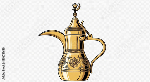 Golden arabic coffee pot with intricate design and crescent moon traditional middle eastern beverage container