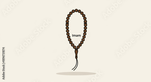 Brown prayer beads with tassel and 'imam' text on cream background symbolizing spirituality and meditation
