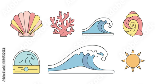 Pastel Ocean Icons Set. Vector Outline Collection of Seashells, Coral, Waves, and Sun. Minimalist Summer and Beach Elements.