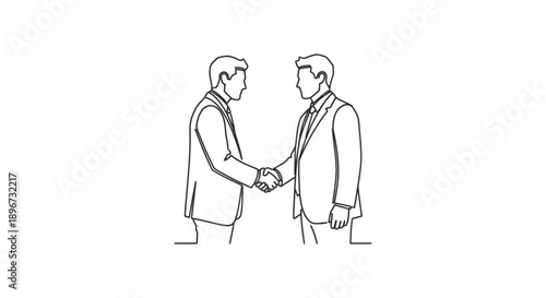 line art of two businessmen shaking hands representing a successful corporate deal agreement and partnership ideal for modern business themes.