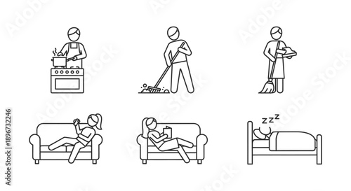 minimalist daily life routine icons illustrating various home activities like cooking sweeping cleaning relaxing reading and sleeping.