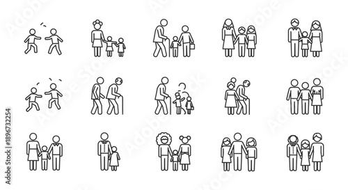 minimalist line art icons of diverse family structures multiple generations and human relationships depicting social connections and life stages.