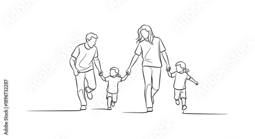 simple line art illustration of a family walking father mother and two children holding hands symbolizing unity and joy.