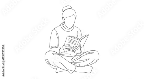 single line drawing of a woman sitting cross-legged peacefully focused on reading a book ideal for educational content and mental well-being