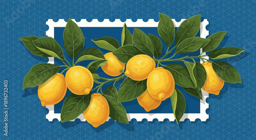 a lemon postage stamp with fresh yellow citrus fruits and green leaves on a branch against a blue geometric background.