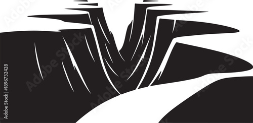 Black and white illustration of a deep canyon landscape