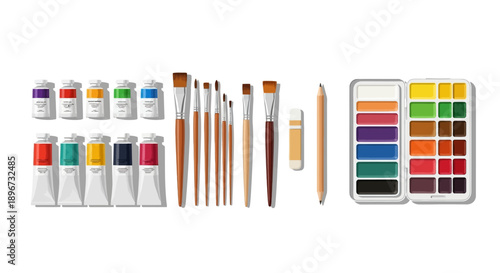 art supplies collection paint tubes watercolor set brushes pencil eraser for creative projects and art education