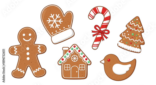 decorated gingerbread cookies festive christmas shapes isolated on white perfect for holiday designs and winter baking.