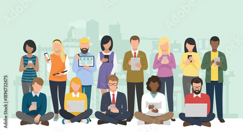 diverse group of people using digital devices smartphones tablets and laptops illustrating modern connectivity and tech-driven urban life.