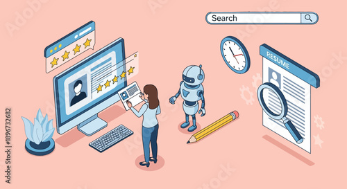 female hr manager and ai robot collaborating on modern digital recruitment screening online resumes and job applications efficiently.