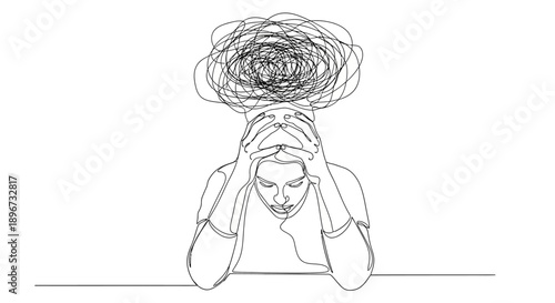 line drawing of person overwhelmed by mental stress hands on head tangled lines symbolizing confused and troubled mind.