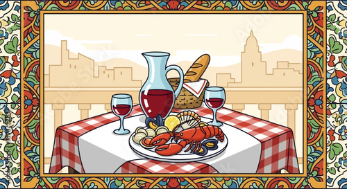 mediterranean seafood platter red wine baguette on checkered table city background for culinary travel.