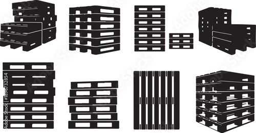 Collection of black wooden pallets in various configurations displayed