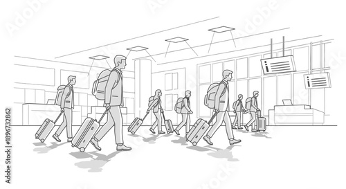 diverse group of travelers with rolling luggage and backpacks walking through a modern airport illustrating efficient global business travel.