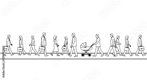 diverse group of individuals walking forward in a line depicting daily commute professional life family and different human life stages