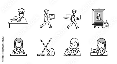 diverse professional occupation icons in minimalist line art depicting various essential services daily work roles and employment concepts.